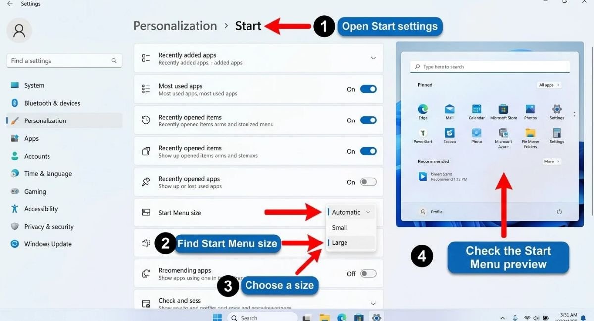 Windows 11 Start Menu Size Options