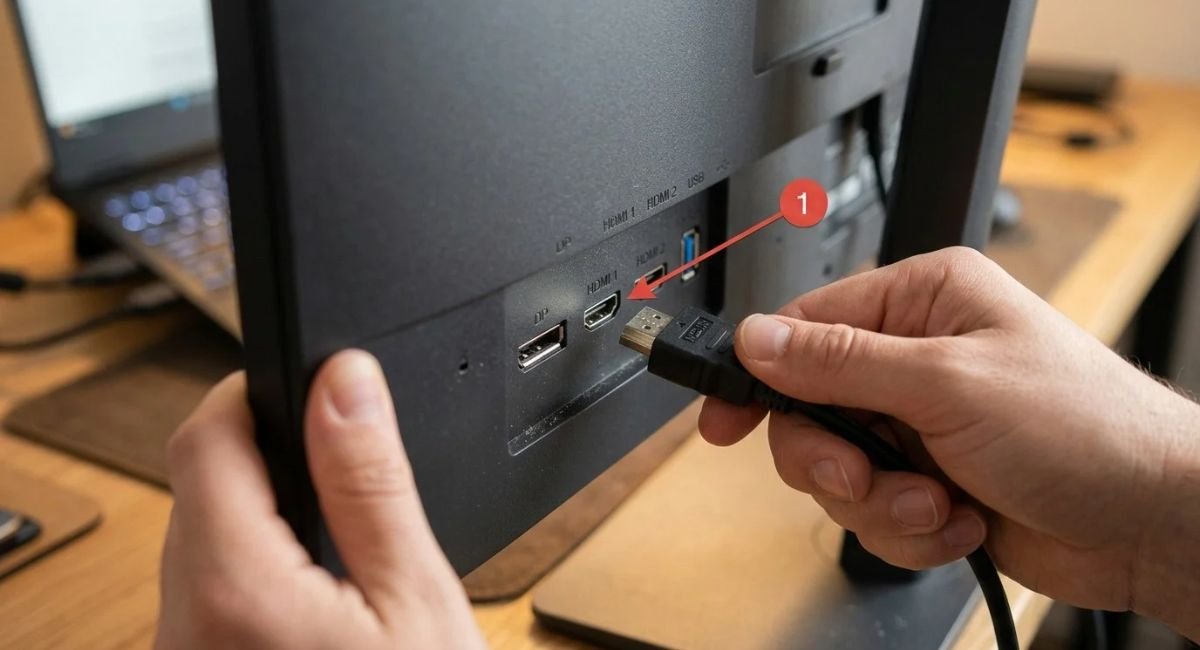 Person reconnecting an HDMI cable to fix a second monitor not detected issue