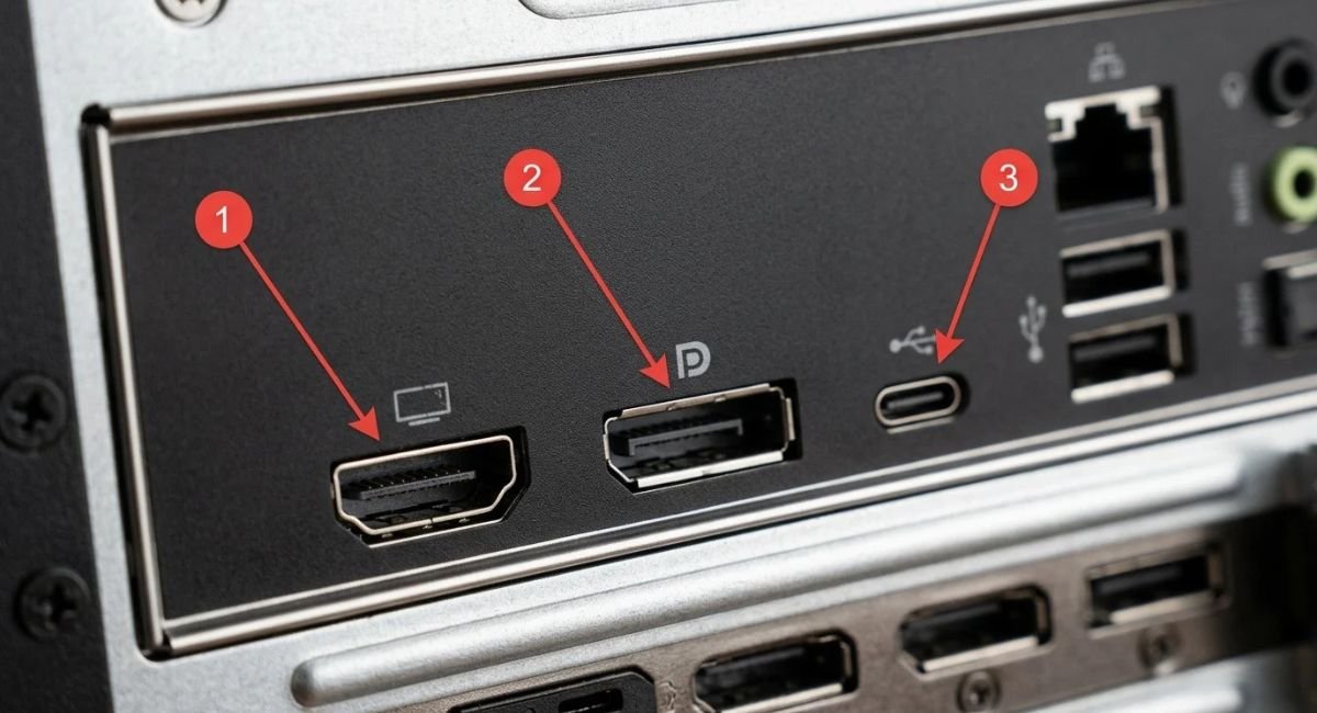 HDMI DisplayPort and USB-C video ports on the back of a computer