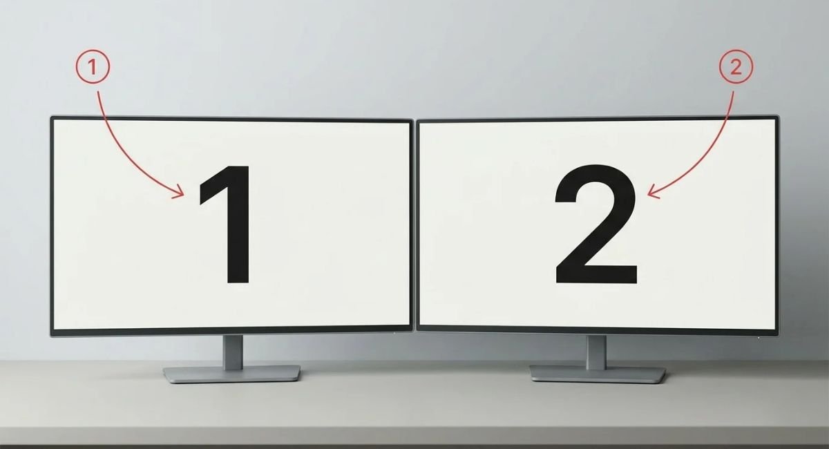 Windows 11 Identify button showing monitor numbers 1 and 2 on each screen