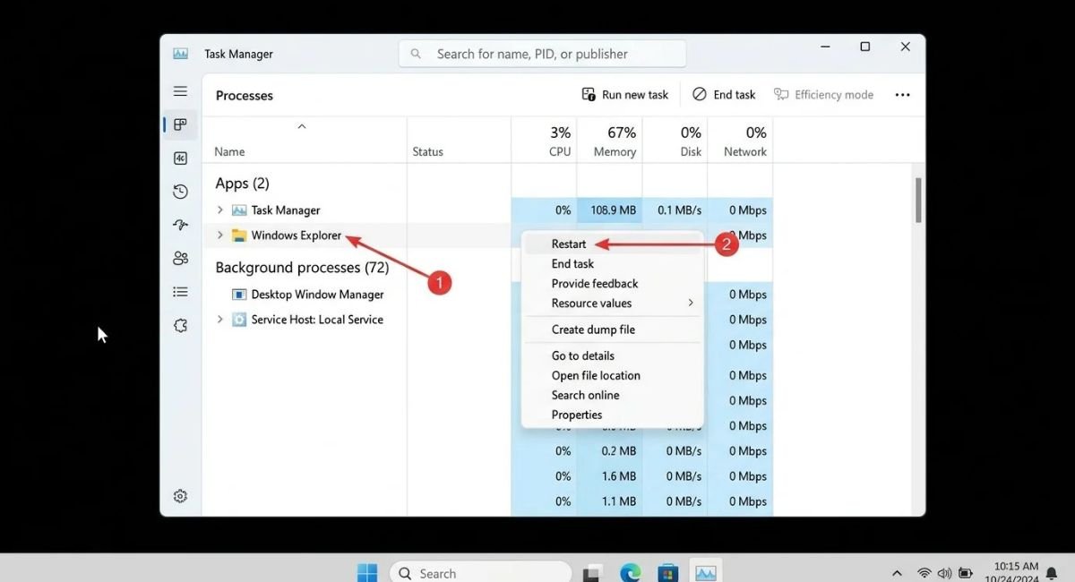 Restart Windows Explorer in Task Manager