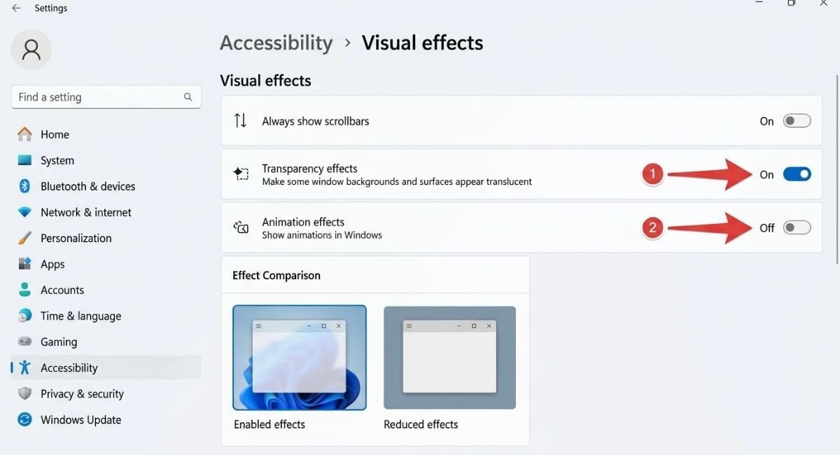 Turn Off Transparency and Animation Effects in Windows