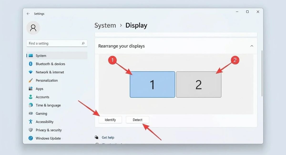 Windows 11 Display settings page showing two detected monitors